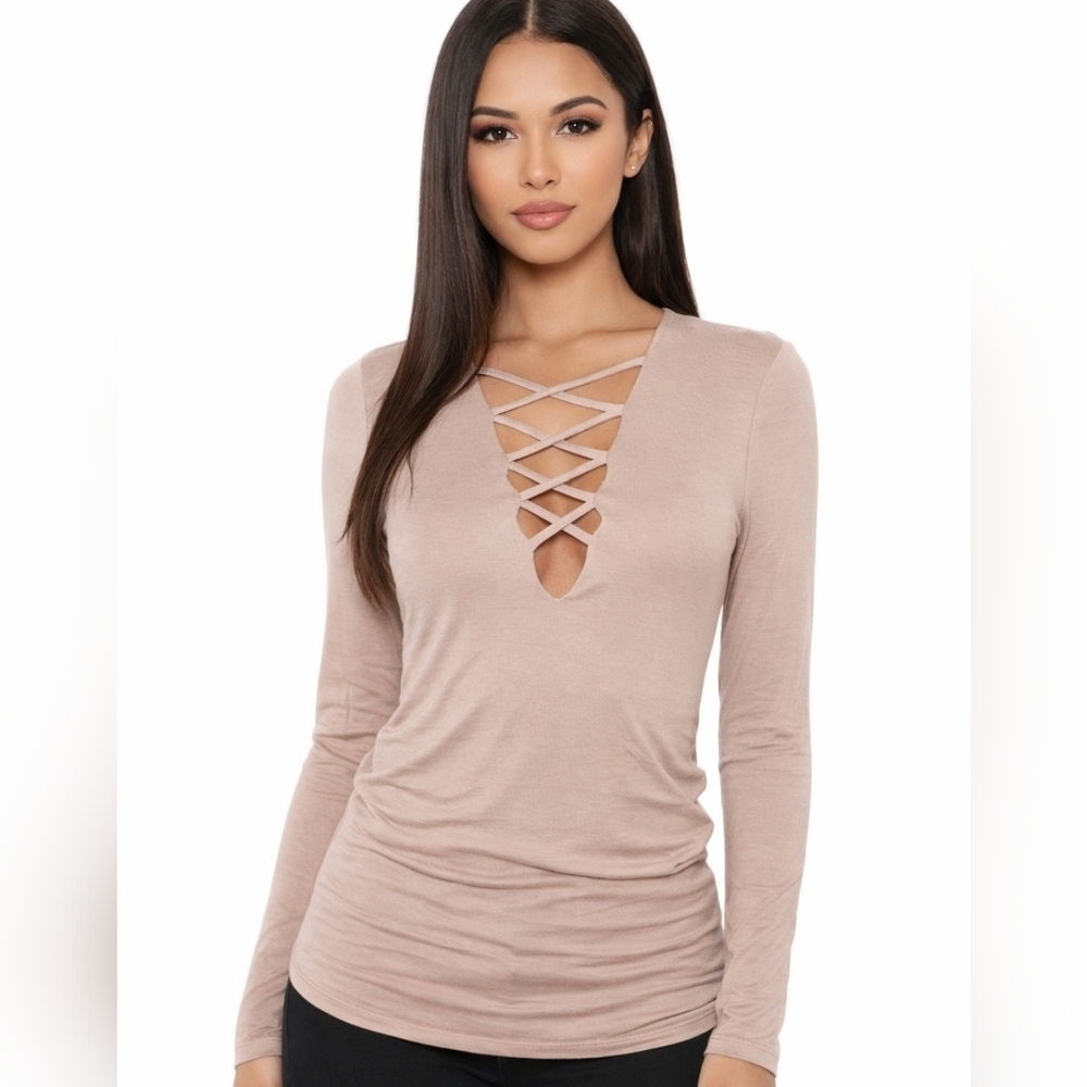 Fashion Nova Taupe Criss-cross Front Top Size Small Like New